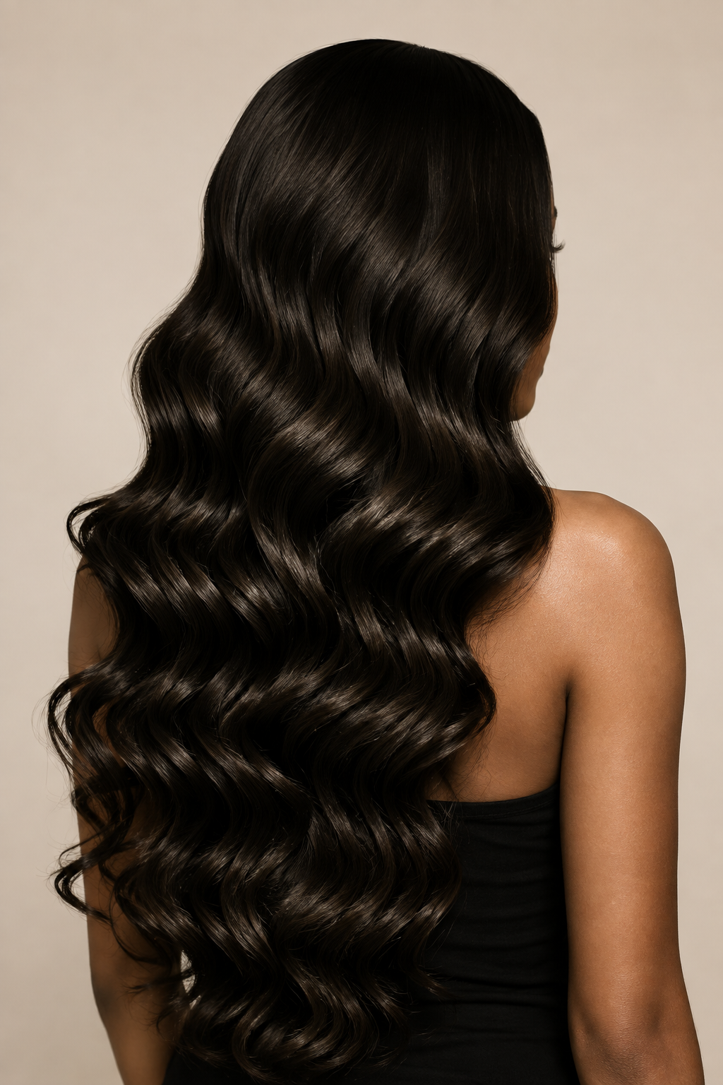 A woman with long, wavy, dark brown hair turned to the side, showing her shoulder and part of her face, against a plain background.