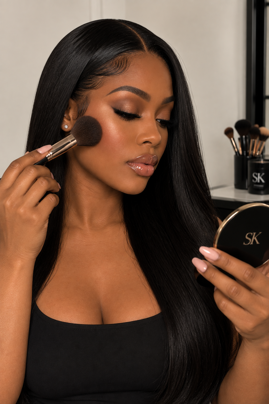 Woman with long black hair applying makeup with a brush while looking into a mirror.