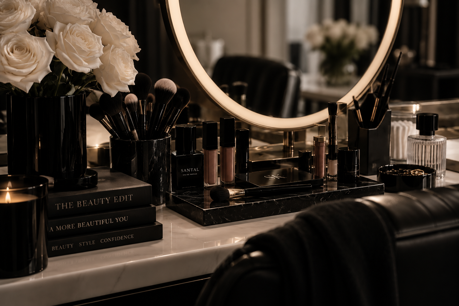 A vanity table with a round illuminated mirror, a vase of white roses, makeup brushes, bottles, and beauty books in a dimly lit room.