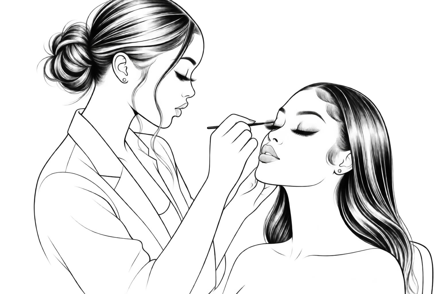 Illustration of a woman applying makeup to another woman with long hair in a dark setting with neon accents.