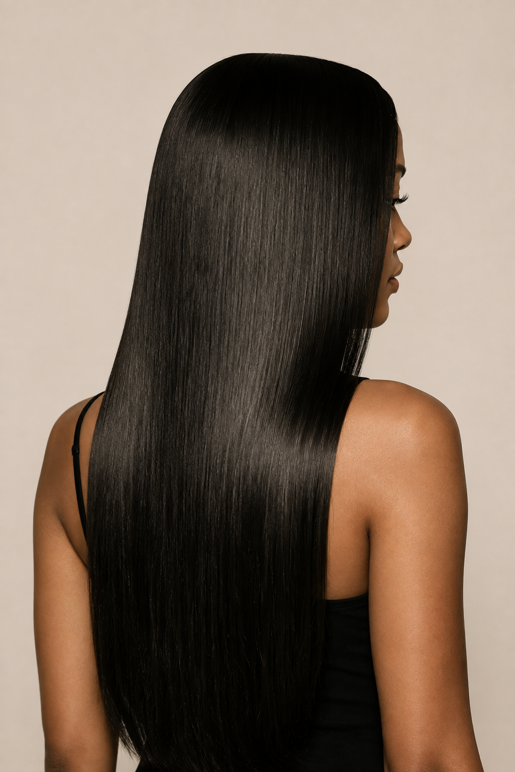 Side view of a woman with long, straight, dark hair, wearing a black tank top.