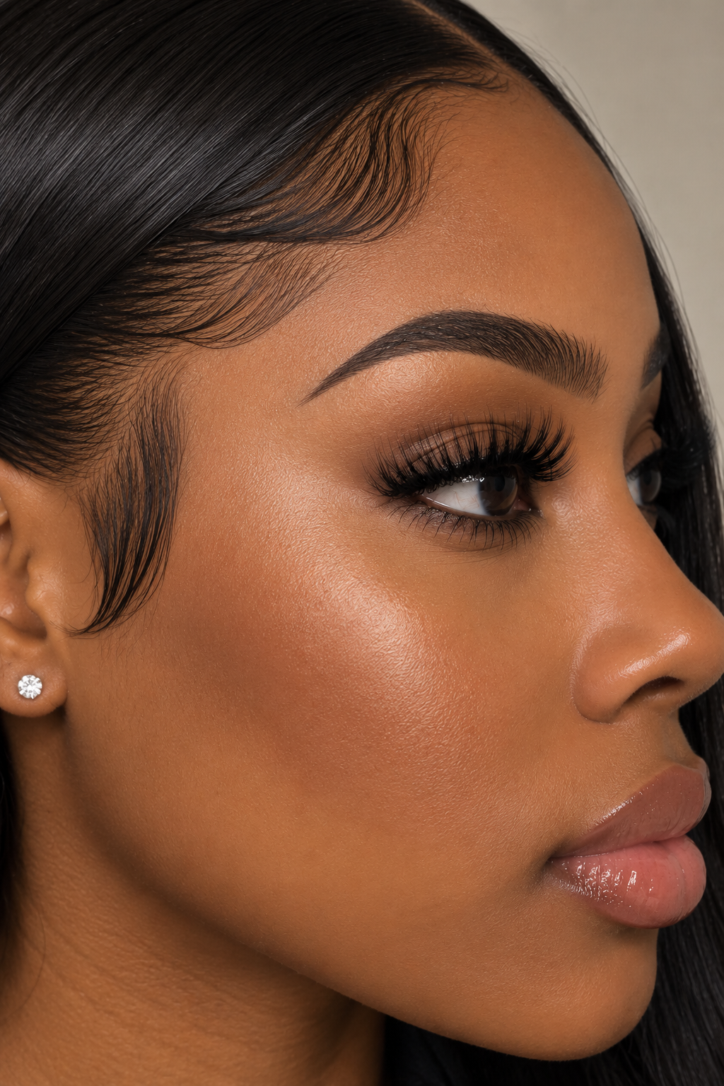 Close-up of a woman's face showing her eye, eyebrow, and part of her nose and lips with makeup and long eyelashes.