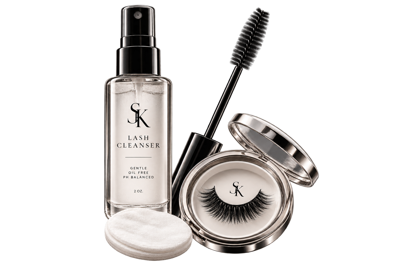 A set of eyelash extension products including a spray bottle of lash cleanser, a spoolie brush, a round cotton pad, and a pair of false eyelashes in a round container, all branded with the SK logo.
