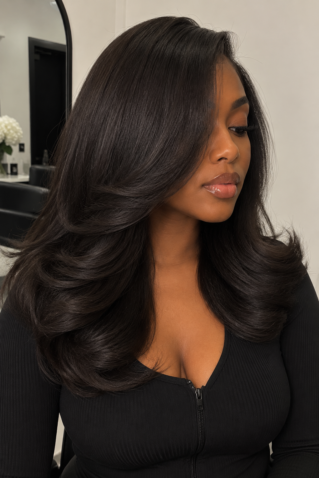 A woman with shiny, dark brown, styled hair wearing a black top with a front zipper, sitting in a salon with a mirror and flowers in the background.