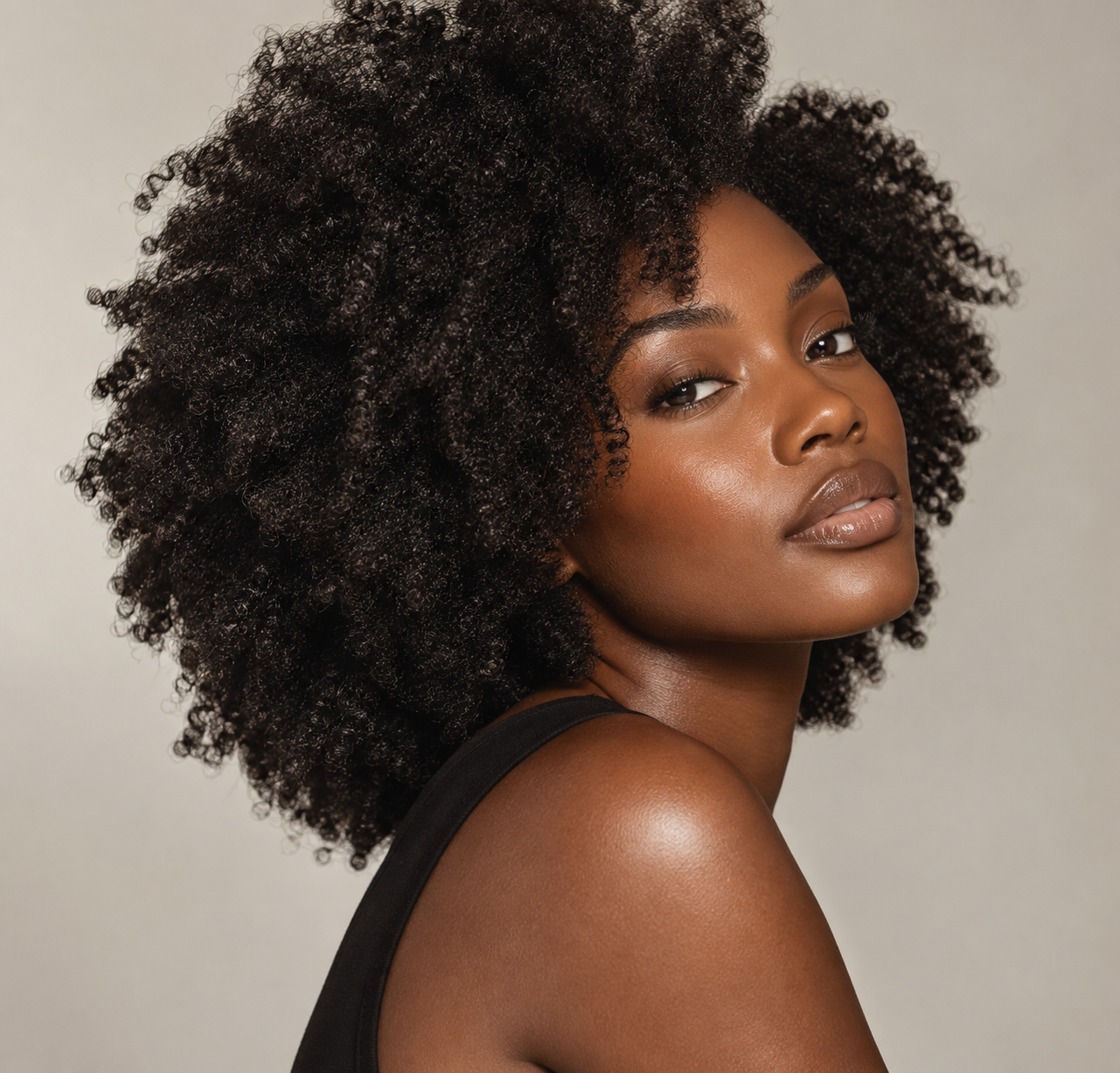 Black woman with voluminous curly hair in an editorial beauty portrait for SK PARLOR.