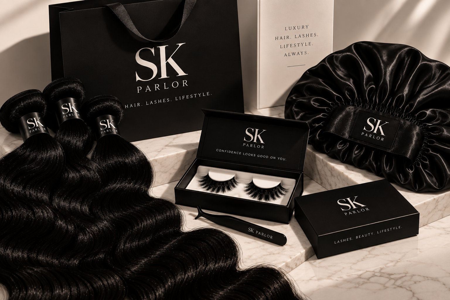 SK PARLOR hair bundles, lashes, and satin bonnet arranged in a luxury beauty product editorial.