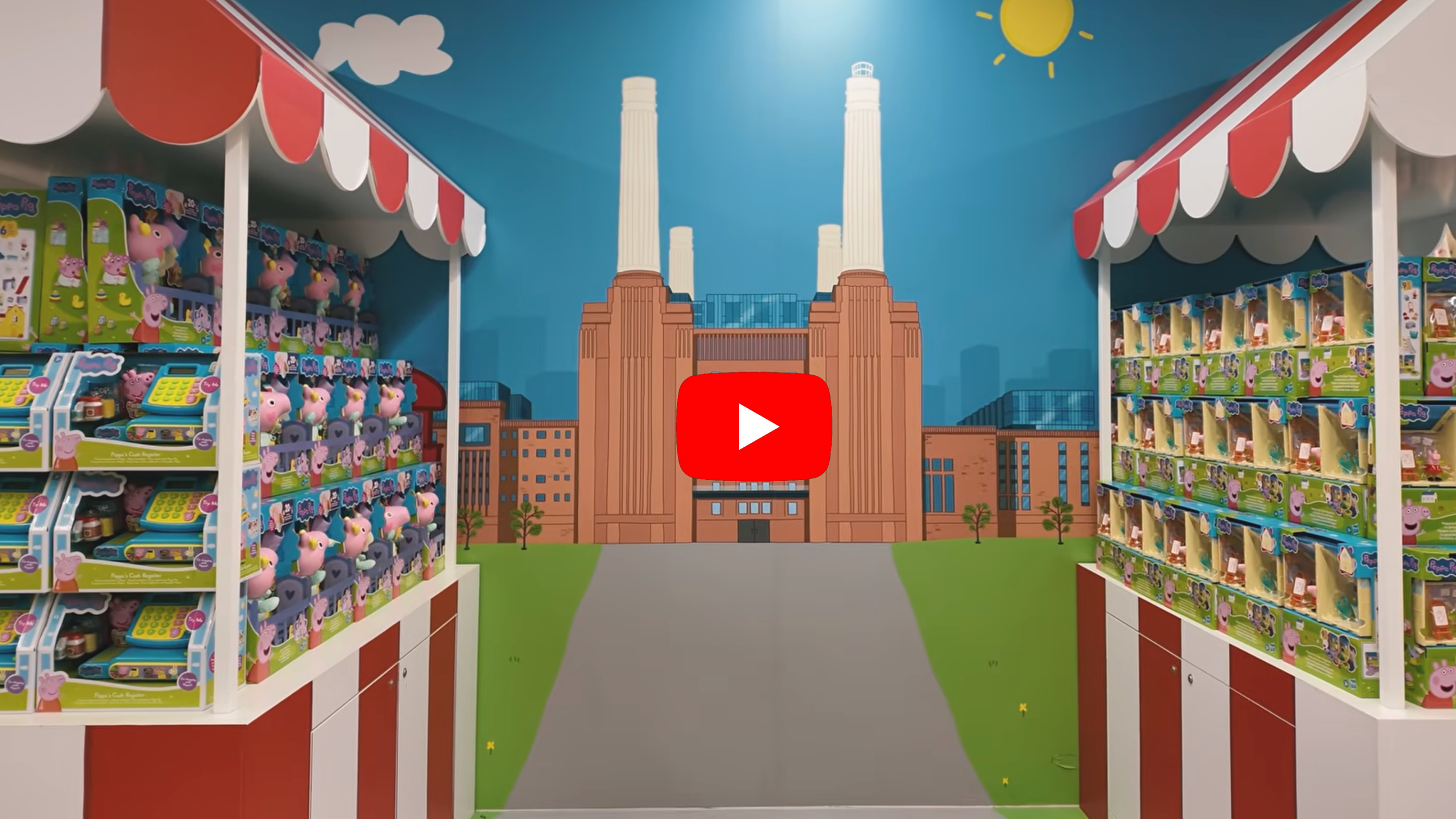 Interior of a toy store with shelves stocked with Peppa Pig plush toys and playsets, backdrop of a city with factory buildings, smokestacks, and a bright sunny sky.