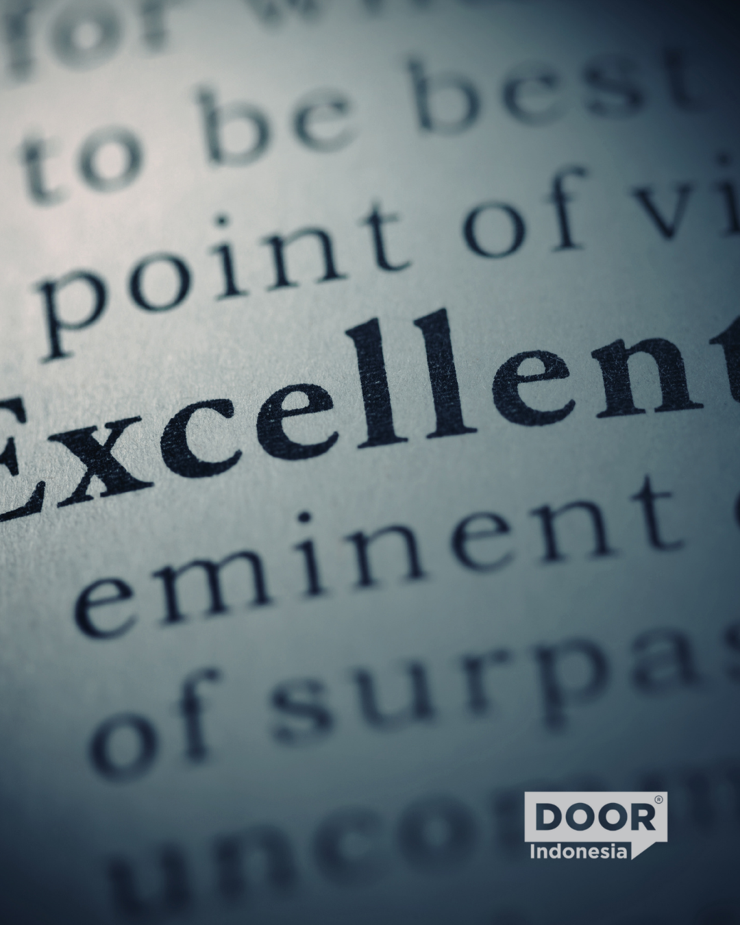 A zoomed-in dictionary entry of the word "excellent." DOOR Indonesia logo on bottom right corner.