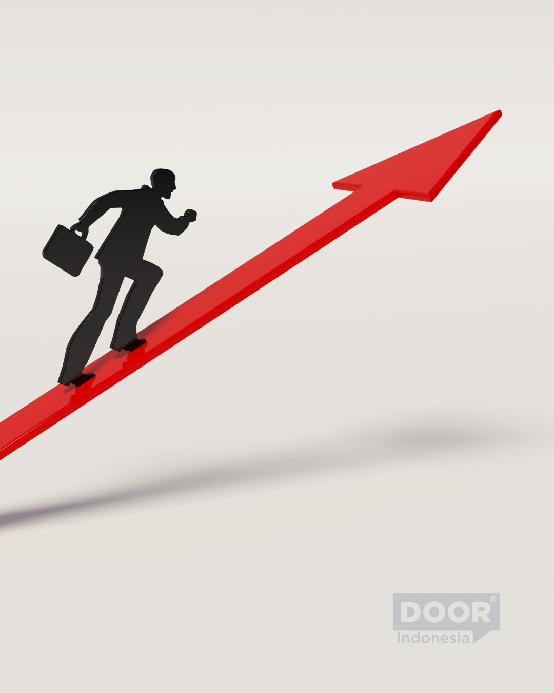 Silhouette of a businessman running on an upward red arrow. DOOR Indonesia logo on bottom right corner.