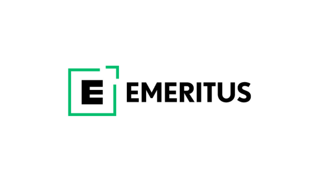 The logo of EMERITUS in black bold writing with a black letter E enclosed by a slightly open green box to its left.
