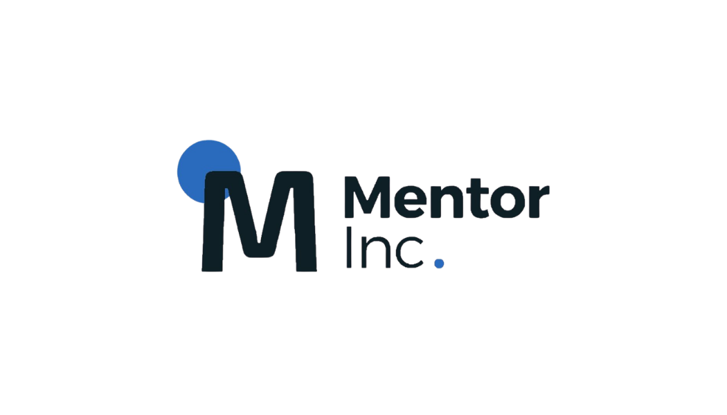 Logo for Mentor Inc. featuring a large navy blue M with a blue circle in the background and the words 'Mentor Inc.' to the right.