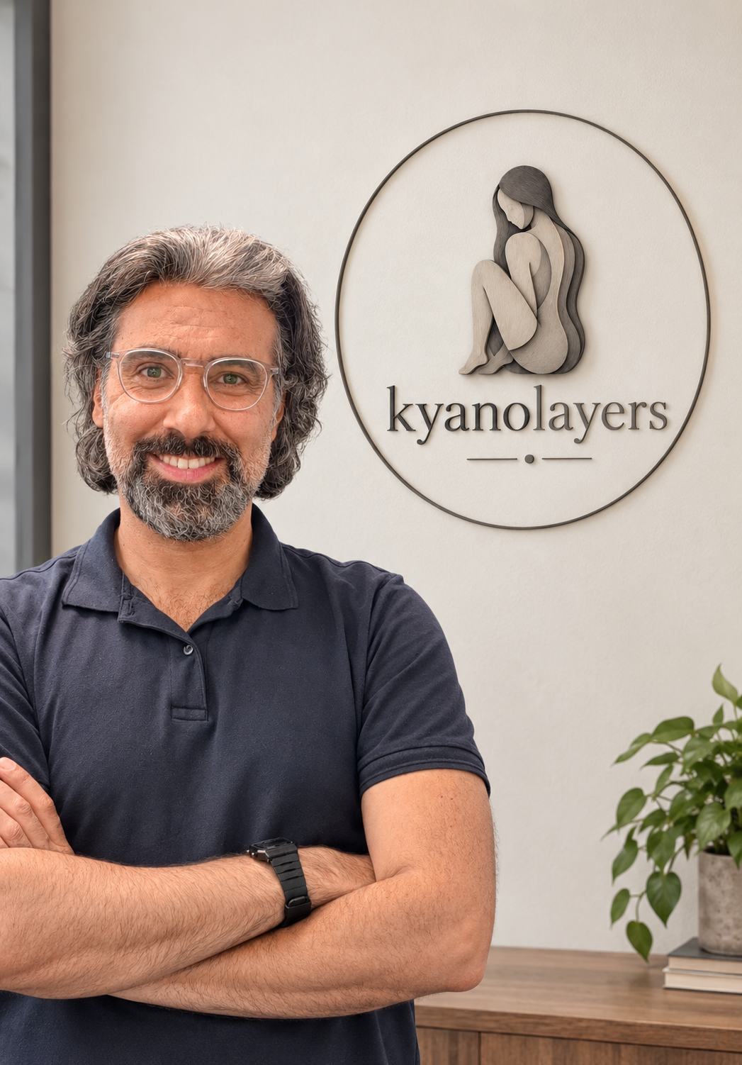 A man with glasses and a beard stands smiling with crossed arms in front of a wall sign that reads 'kyanolayers' and features a logo of a seated woman with long hair.