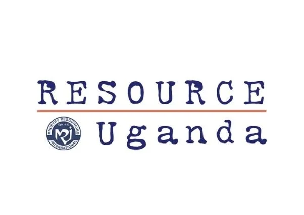 Resource Uganda logo with stylized blue lettering, red underline, and circular emblem