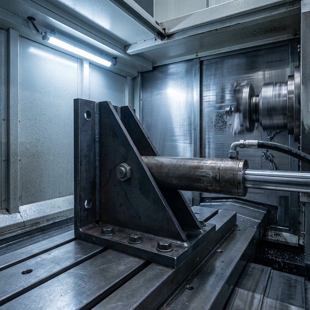 Maskinfäste i stål S355 monterat i industriell CNC-maskin, Scandcut