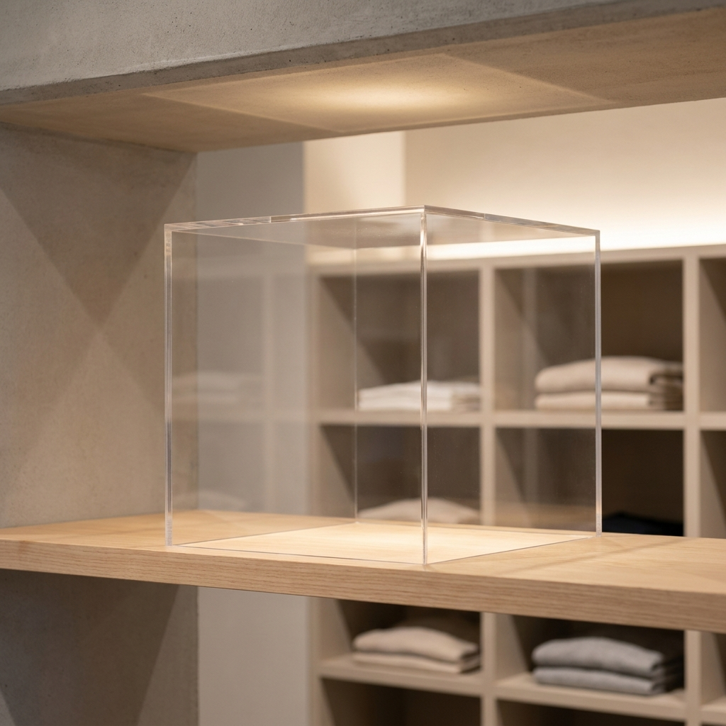 Plexiglas-skylt och display i modern butiksinredning, Scandcut