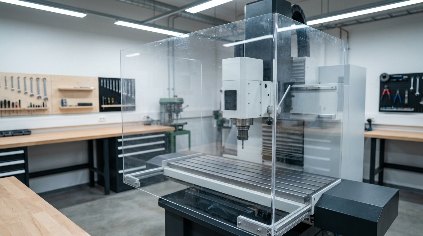 Plexiglas-maskinskydd monterat på modern verkstadsmaskin, Scandcut