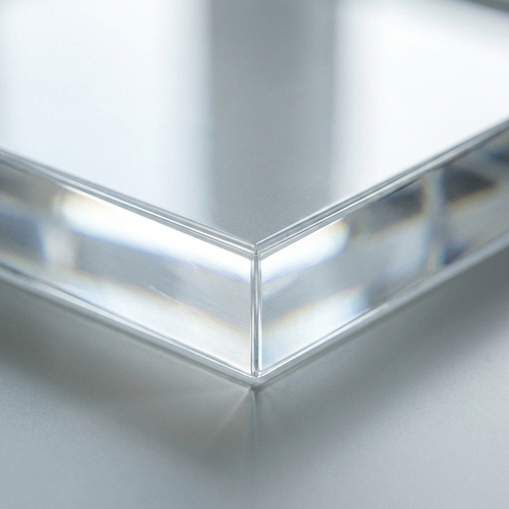 Närbild på blank polerad laserskuren kant på plexiglas-maskinskydd, Scandcut
