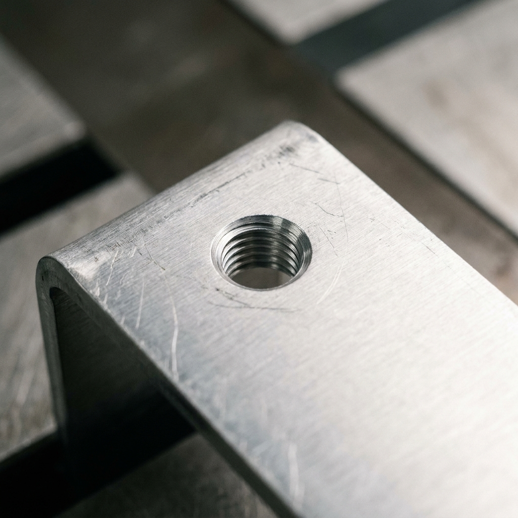 Närbild på gängat hål och bockad kant på aluminium-bottenplatta, Scandcut
