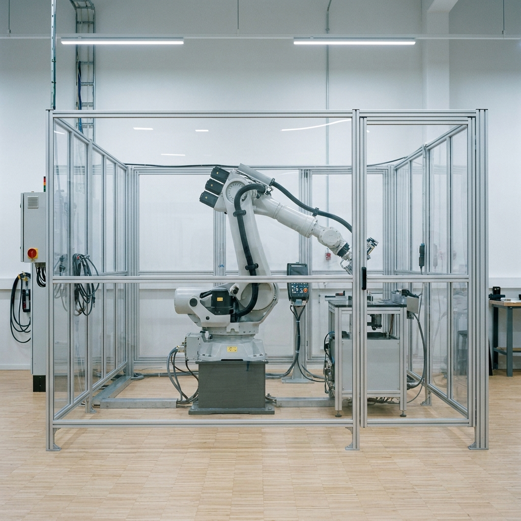 Polykarbonat-maskinskydd installerat runt robotcell i svensk verkstad, Scandcut