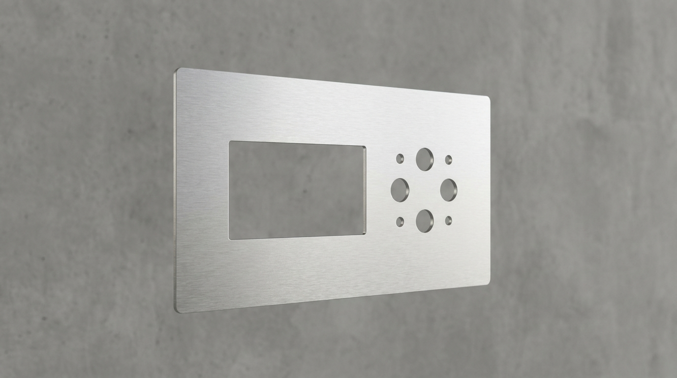 Laserskuren frontpanel i aluminium med urtag för display och knappar, Scandcut