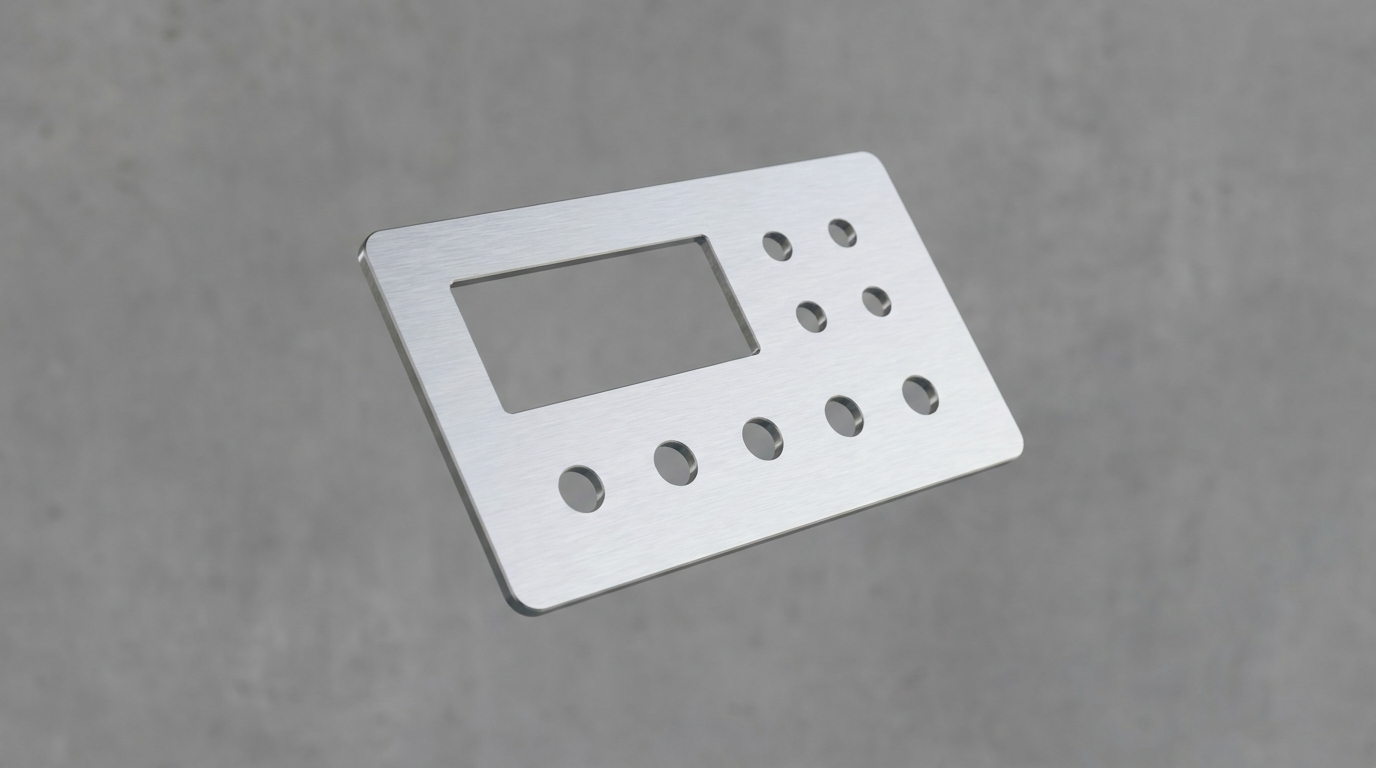 Laserskuren frontpanel i aluminium med urtag för display och knappar, Scandcut