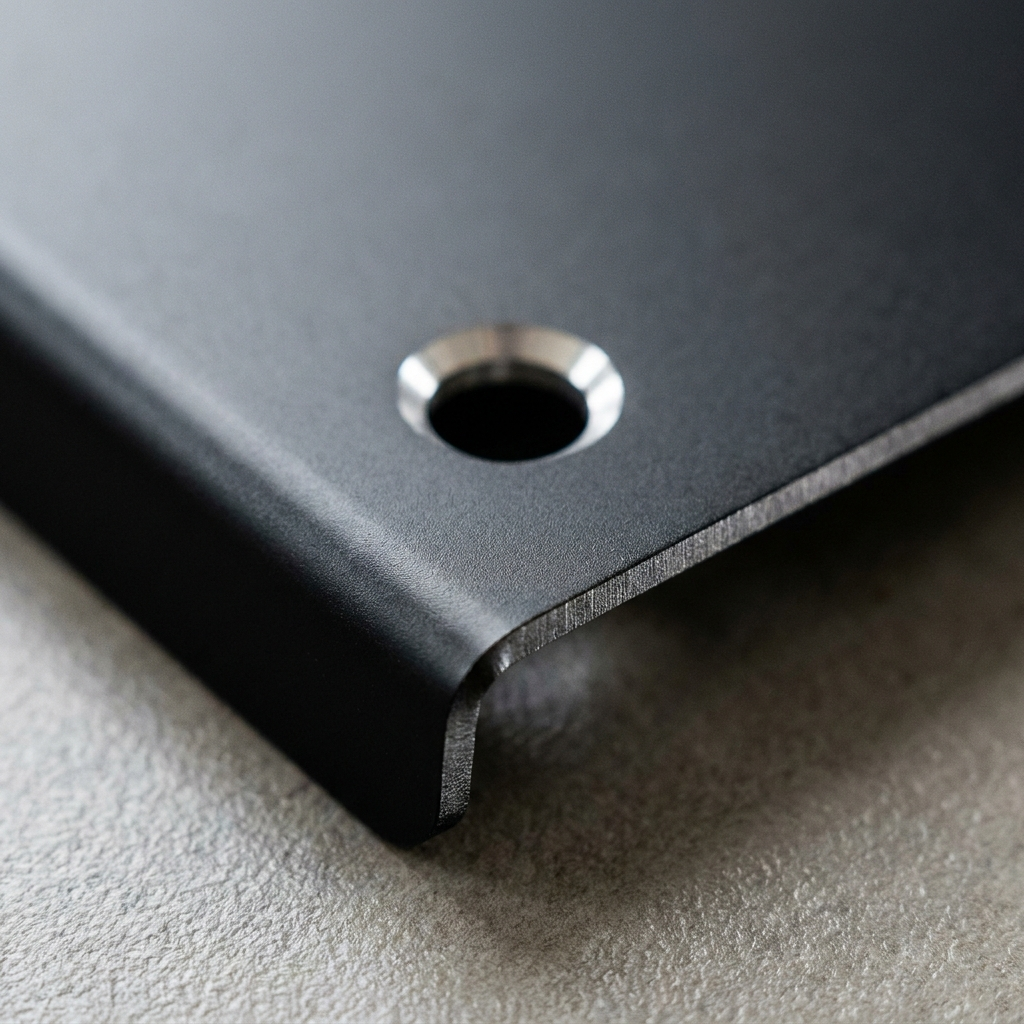 Närbild på eloxerad aluminium-frontpanel med bockad kant, Scandcut
