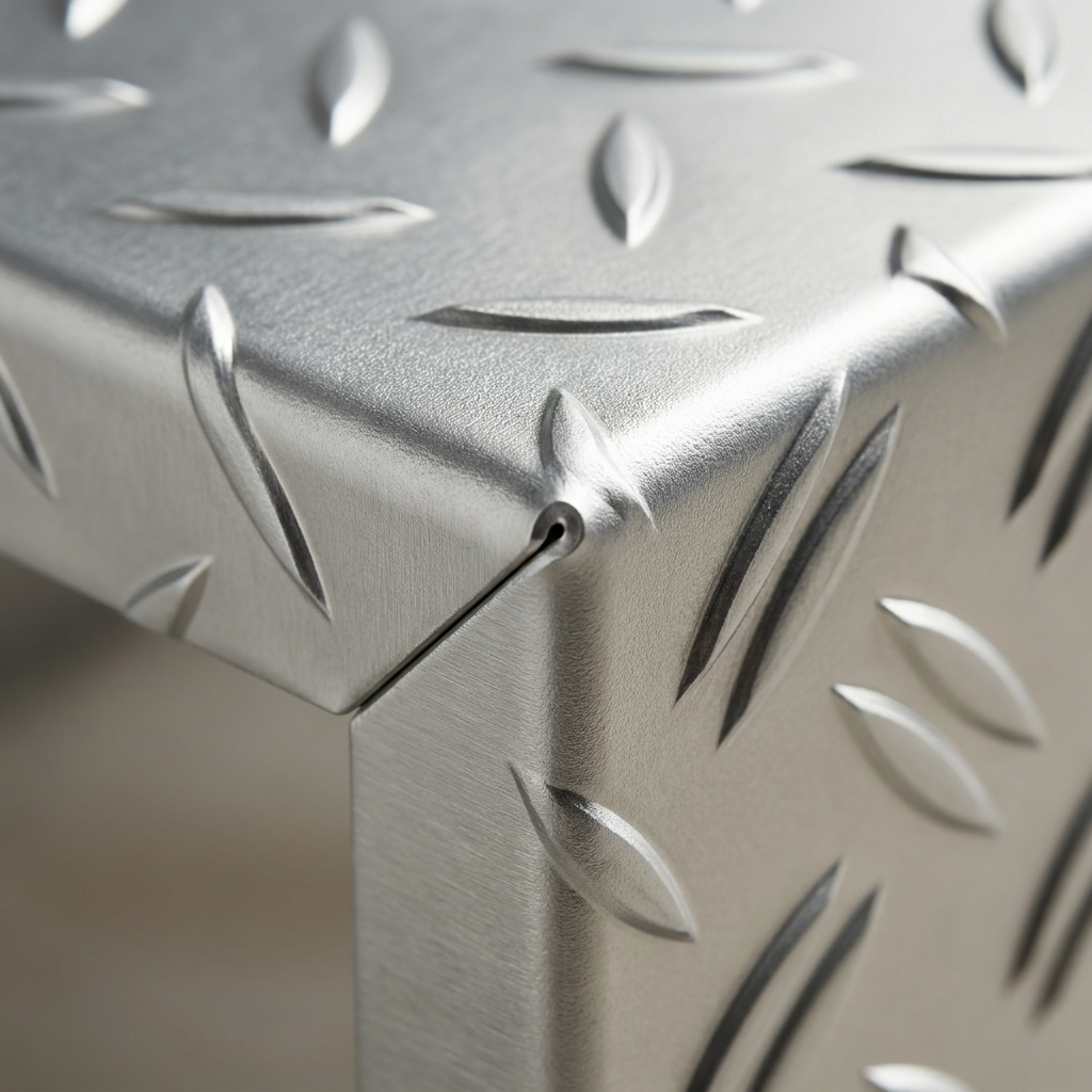 Närbild på Riskorn-mönster och bockad kant på durkplåt aluminium, Scandcut