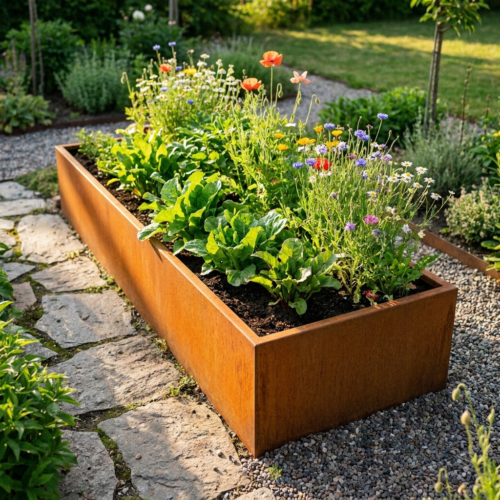 Måttbeställd odlingslåda i corten laserskuren och bockad, full av grönt sallad och blommor, Scandcut