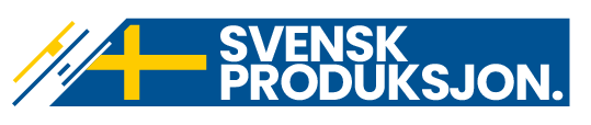 blå rektangulær design med hvit fet tekst og et stilisert gult svensk flaggkors til venstre, med diagonale industrielle linjer