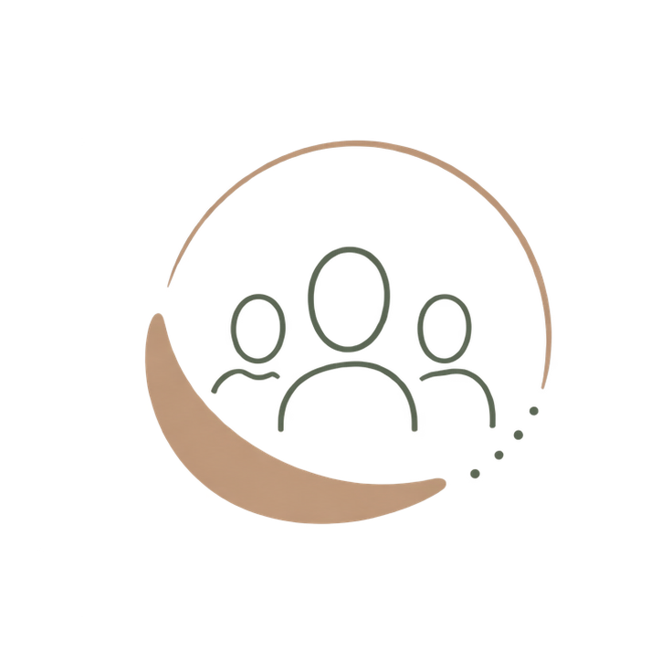 Symbol für Gemeinschaft oder Team, bestehend aus drei stilisierten Personen innerhalb eines Halbkreises mit rotem Hintergrund.