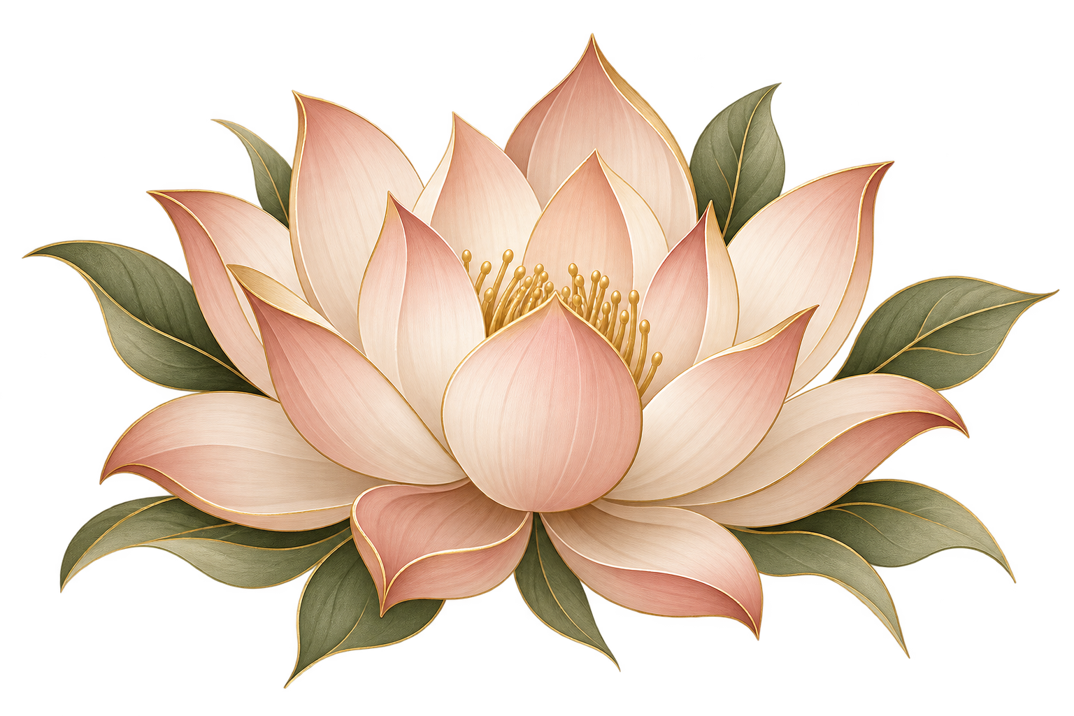 Detailed botanical illustration of a large pink lotus flower surrounded by green leaves