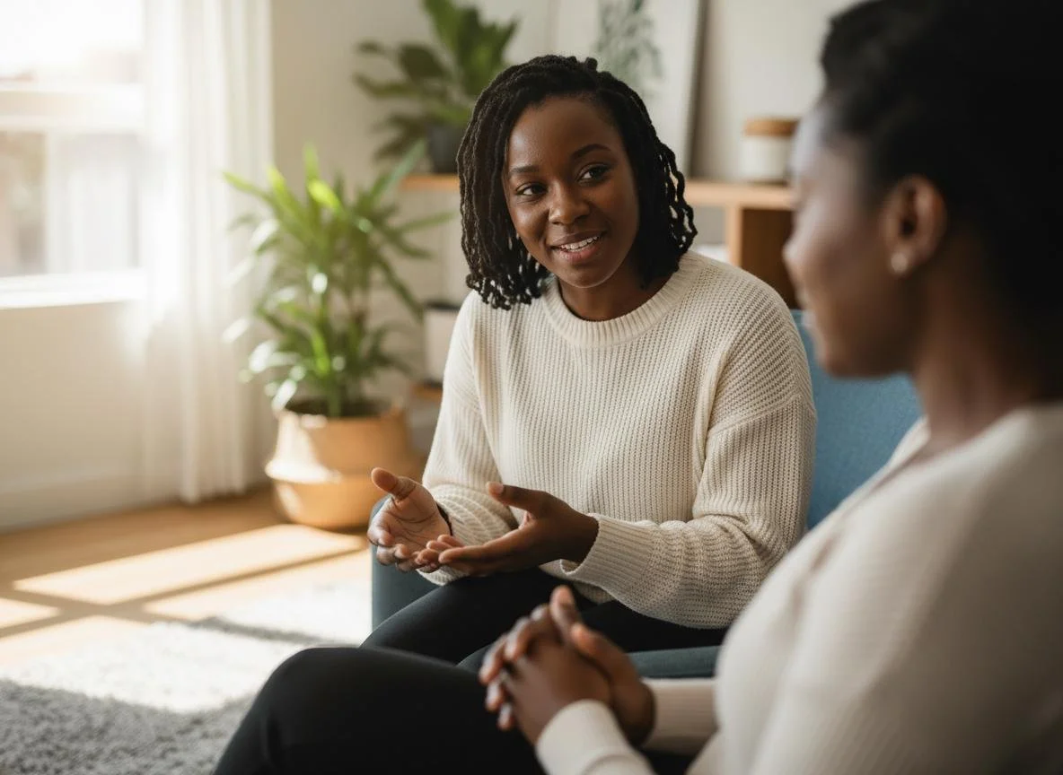 Two Black women having a conversation in a bright, plant-filled living room