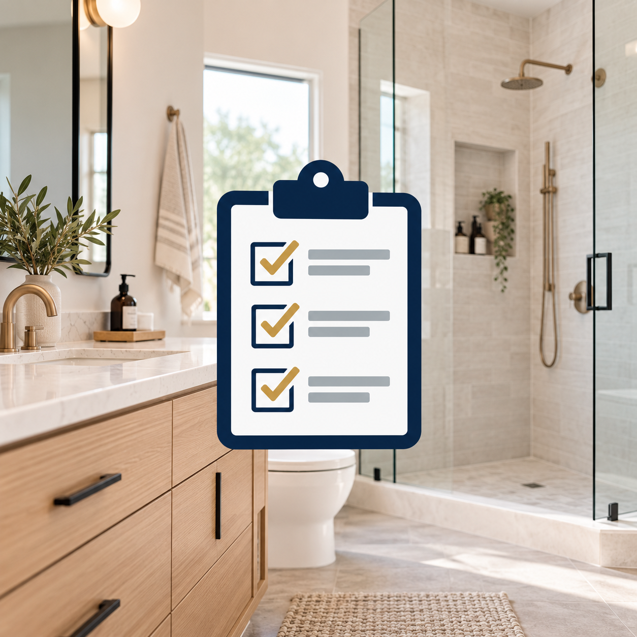 Free bathroom remodeling checklist from RemodelCheck, displayed over a finished bathroom, helping homeowners plan their renovation.