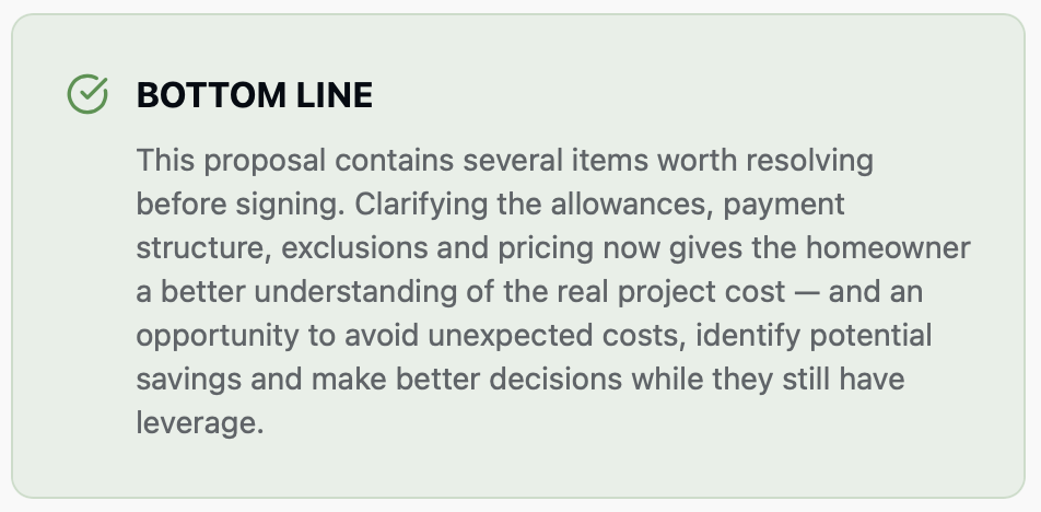 RemodelCheck summary highlighting important remodeling contract issues to clarify before signing, including allowances, exclusions, pricing and payment terms.