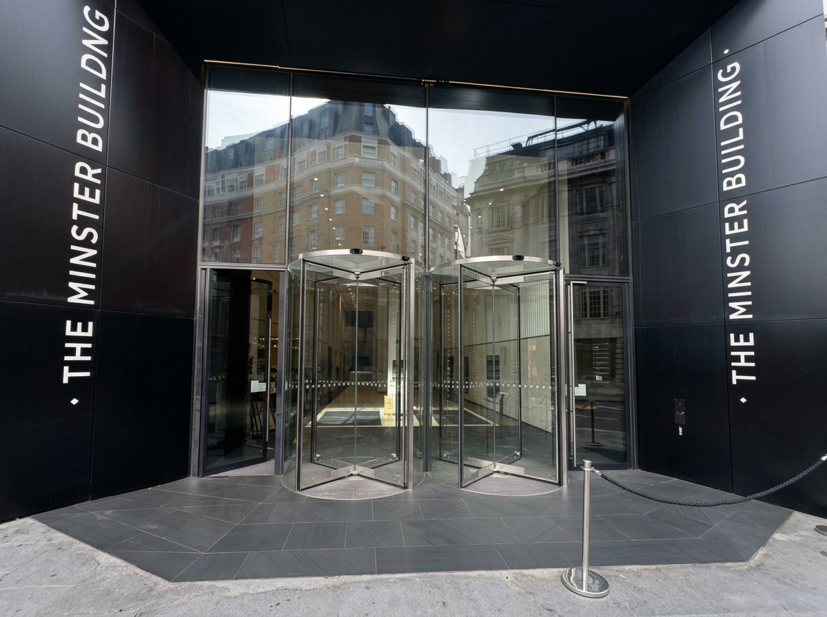 Entrance to The Minster Building in the City of London, location of a Taylor Page Surface Care stone restoration project.