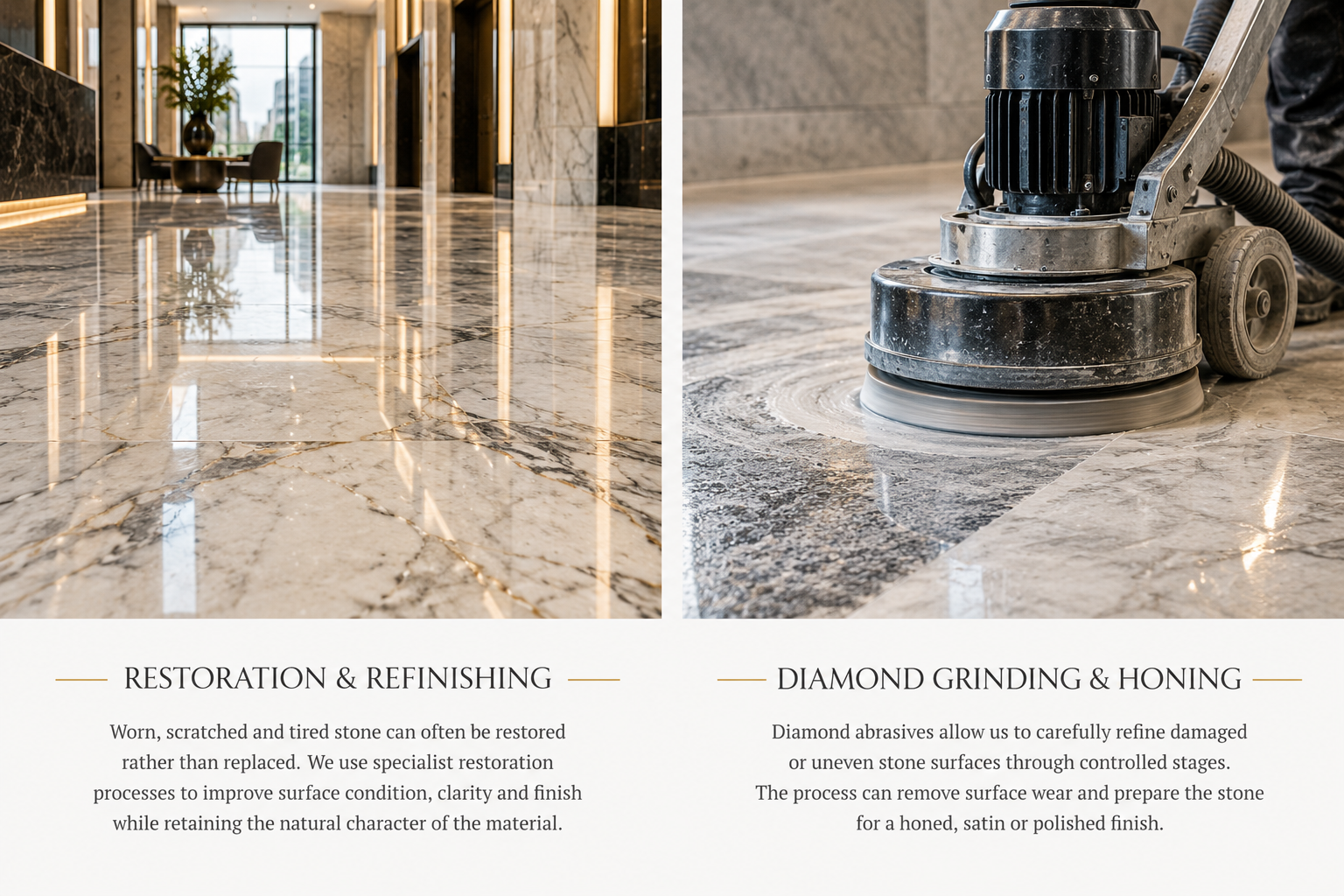 Image of a marble floor in a hotel lobby being polished by a professional floor buffer machine.