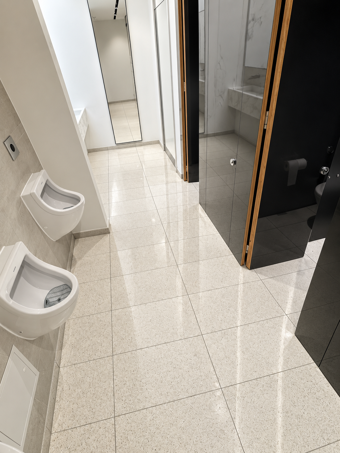 Marble flooring in a commercial office washroom in London following professional stone restoration and polishing