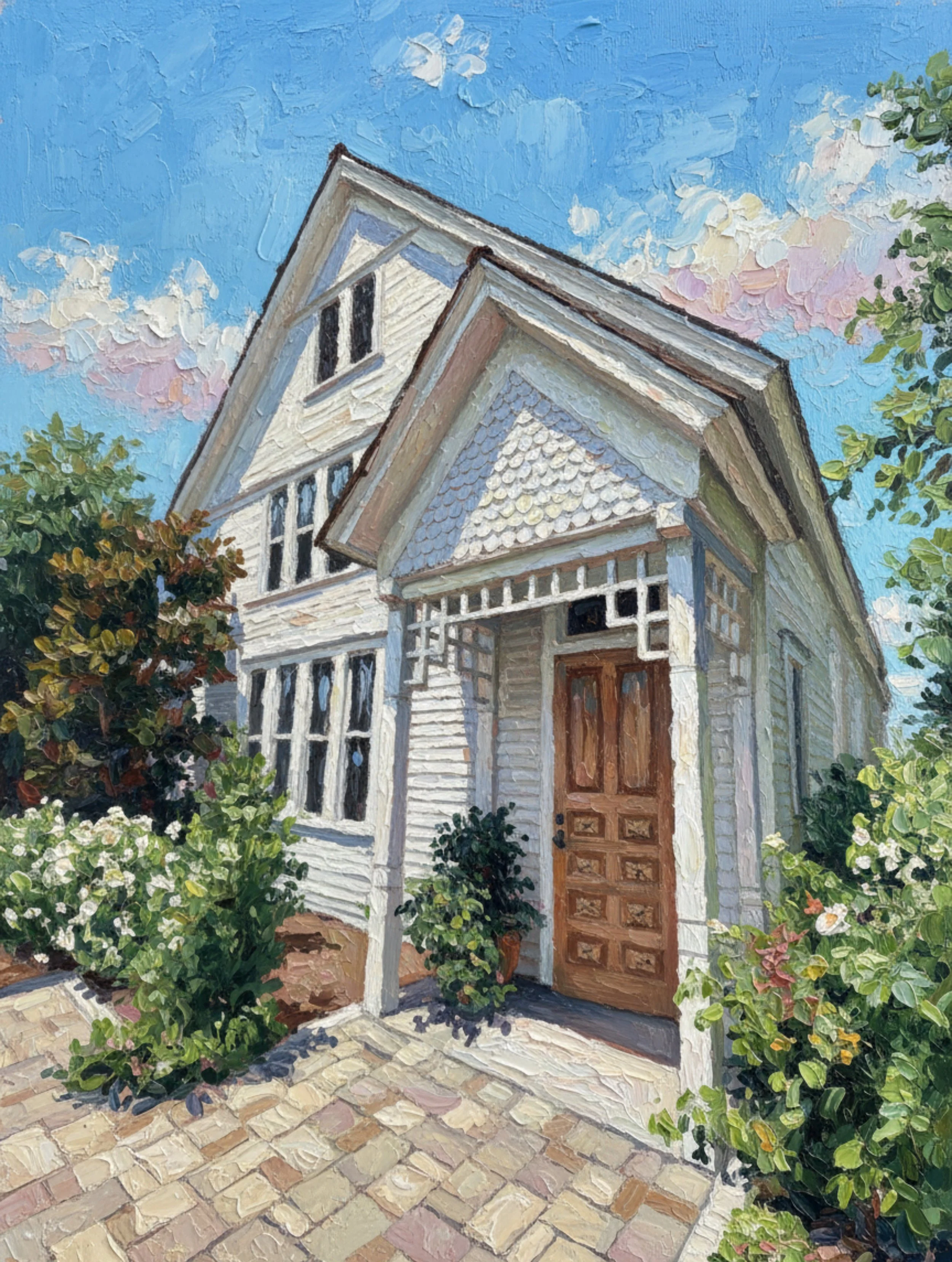 little church clad in white scallops on dormer, wood carved door and greenery in oil painting style