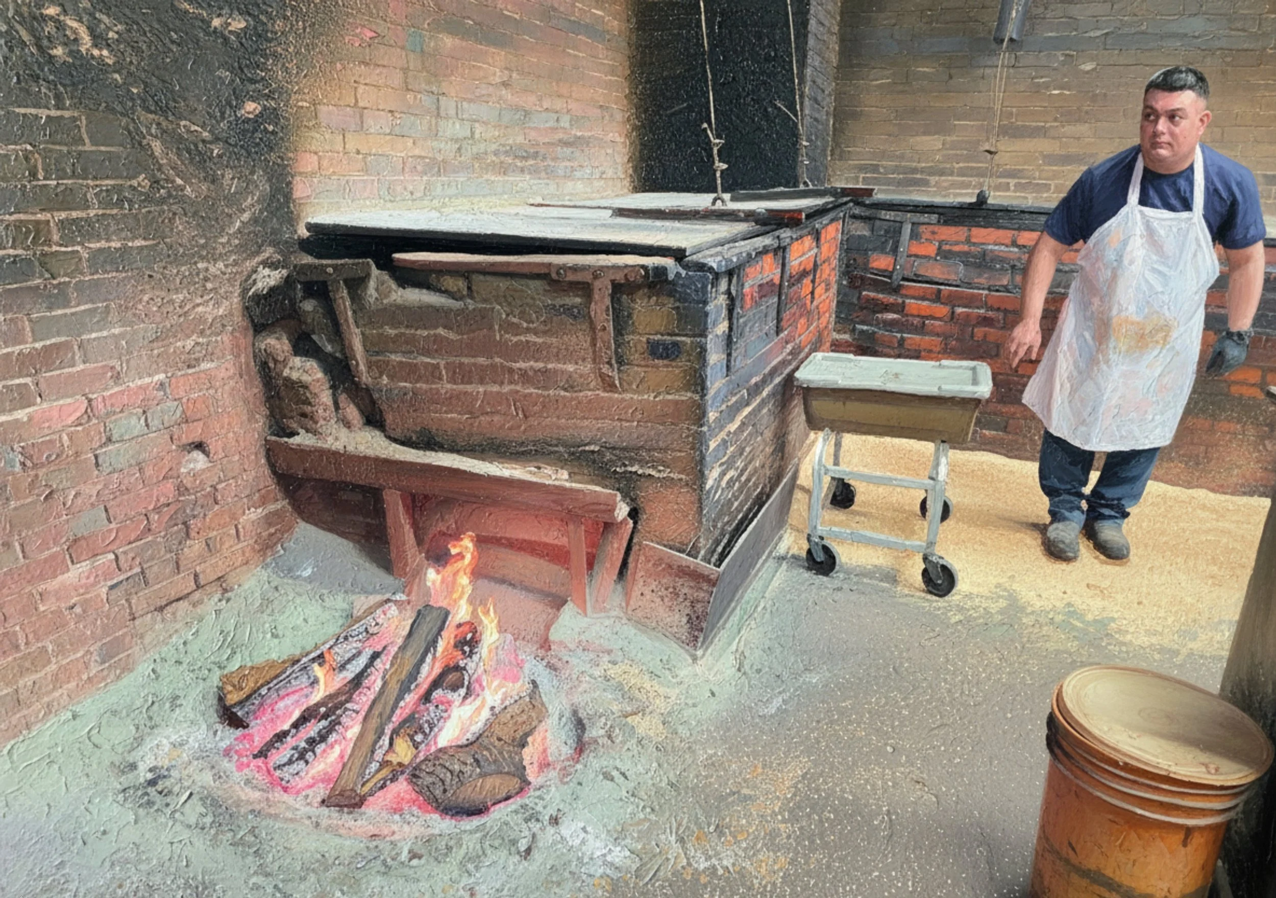 Man standing next to a brick oven with a steel lid tending bbq, wearing a plastic apron and gloves, in a brick-walled bbq pit room.