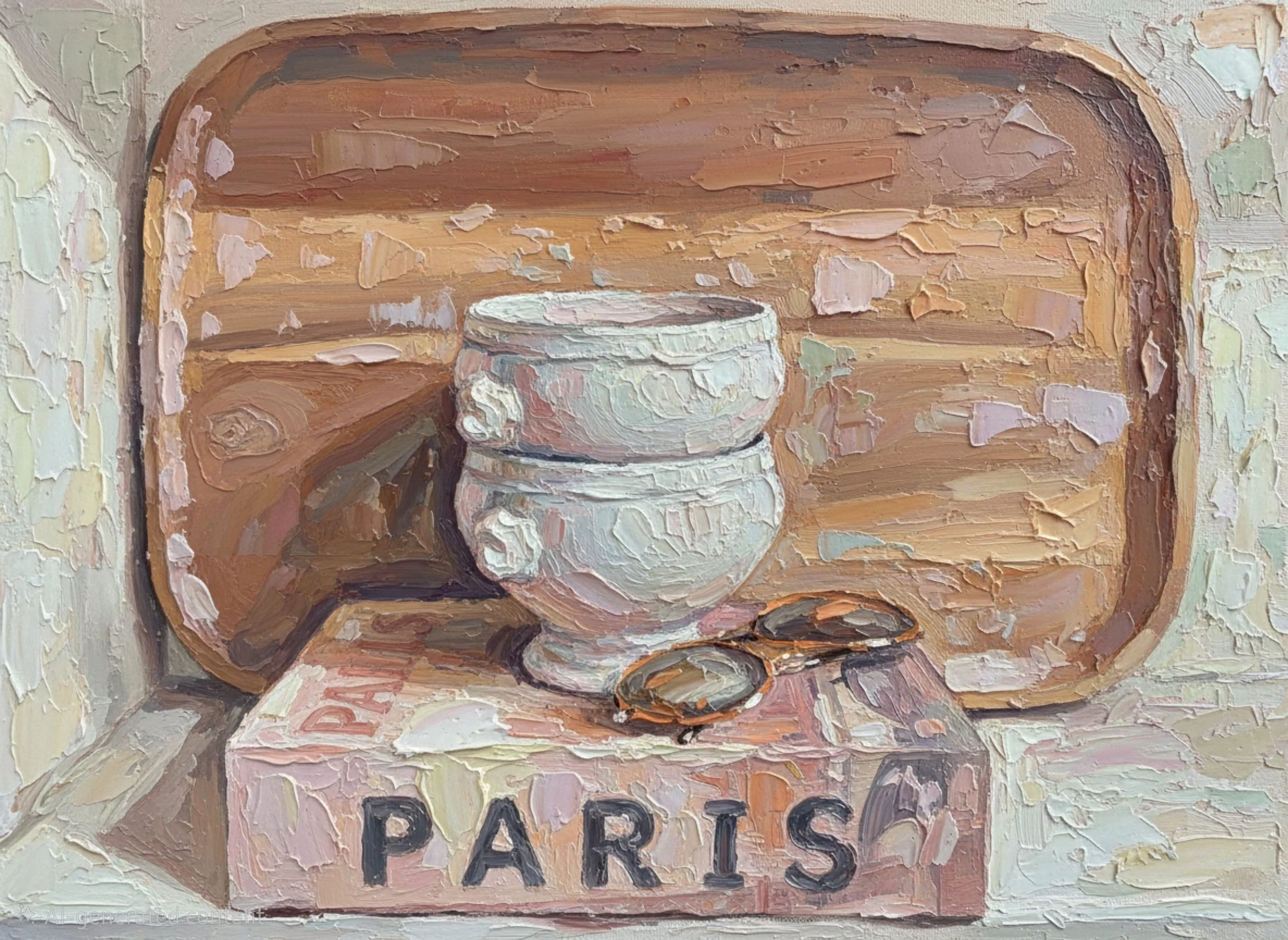 A wood tray framing a stack of lions head soup bowls, sunglasses and a travel book painted using thick brushstrokes and an impressionistic style.