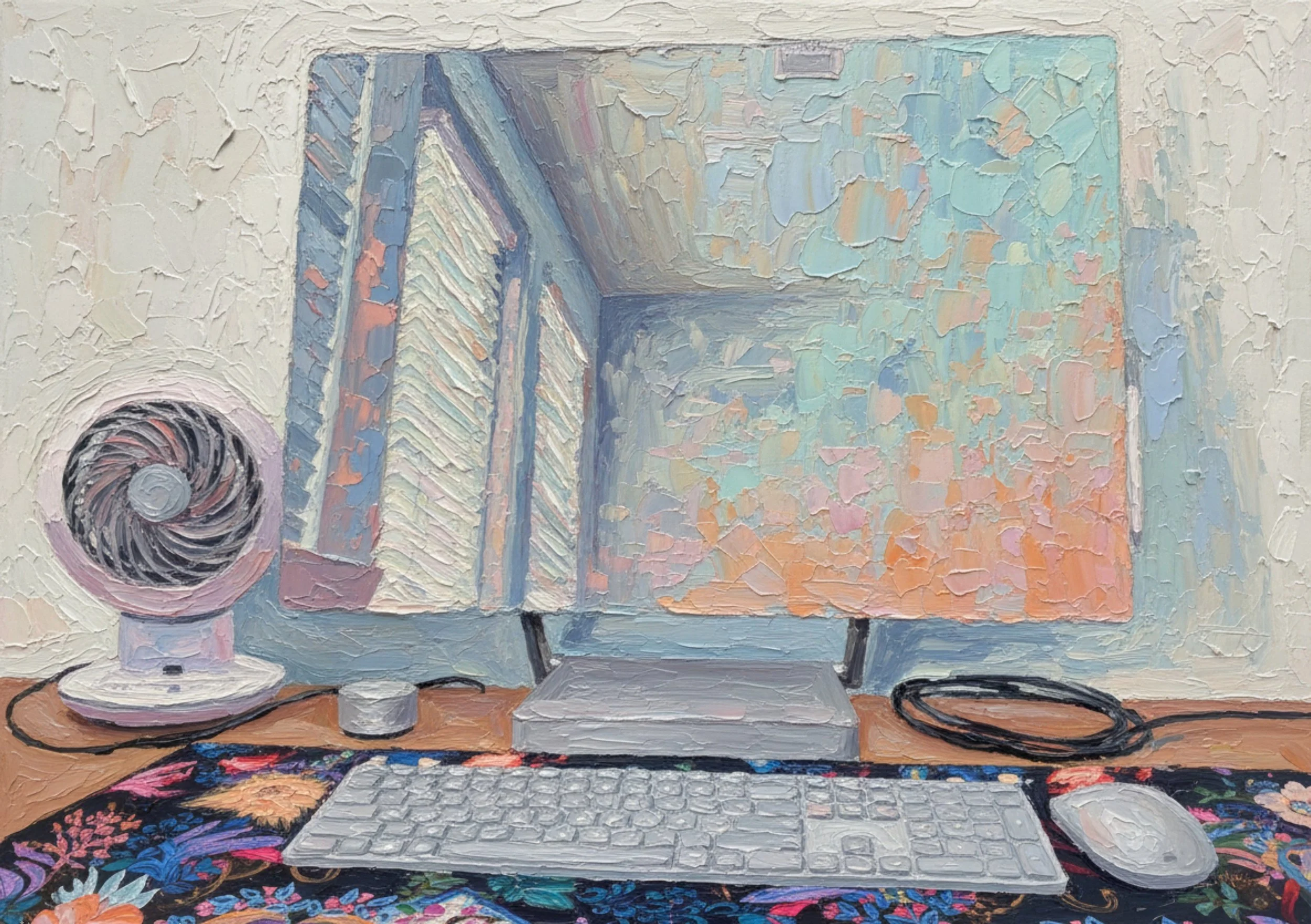 Painted artwork of a desk with a computer monitor, keyboard, mouse, fan, and miscellaneous items on a colorful rug.