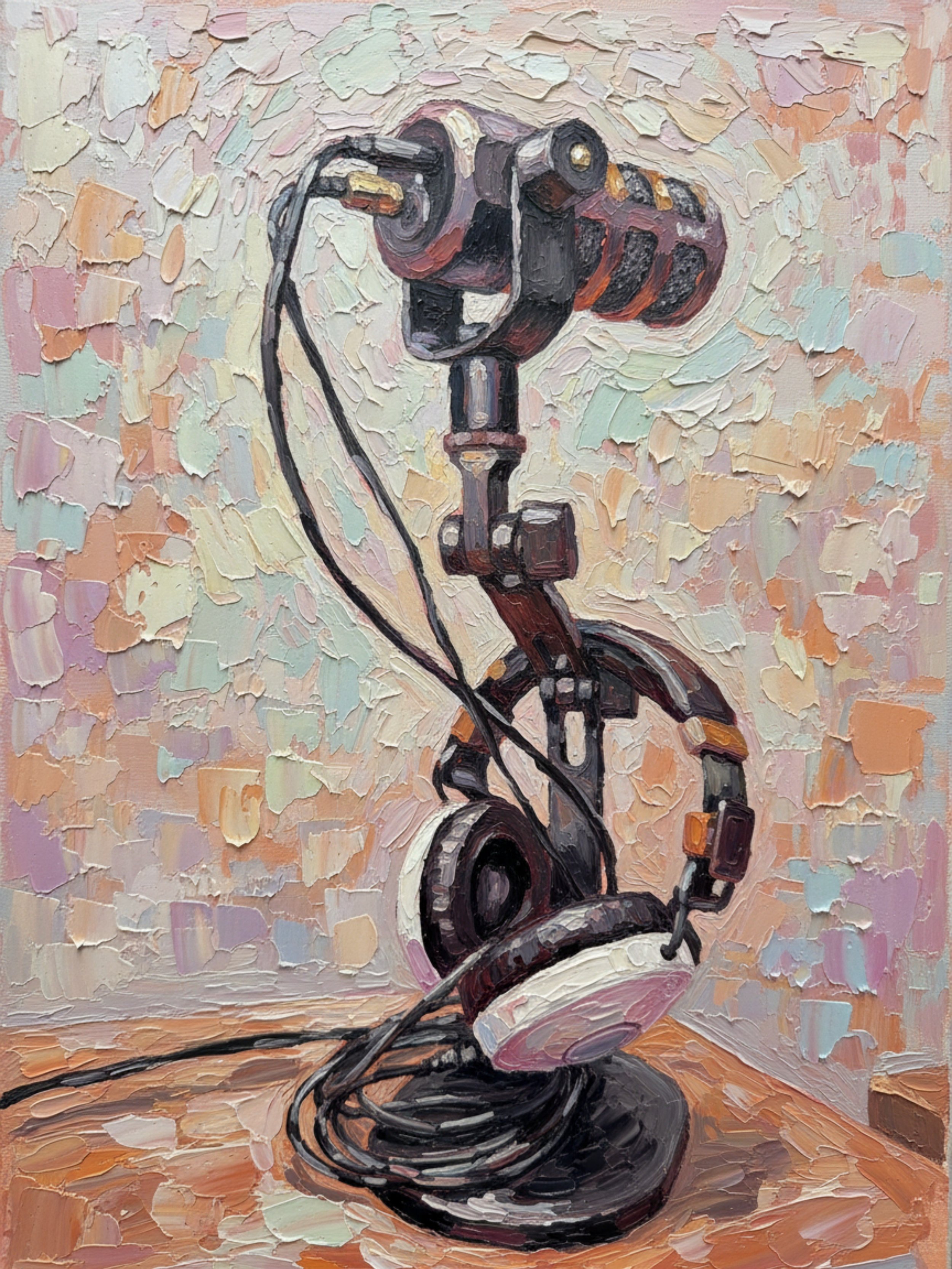 Impressionist-style painting of a microphone and headphones on a textured pastel background.
