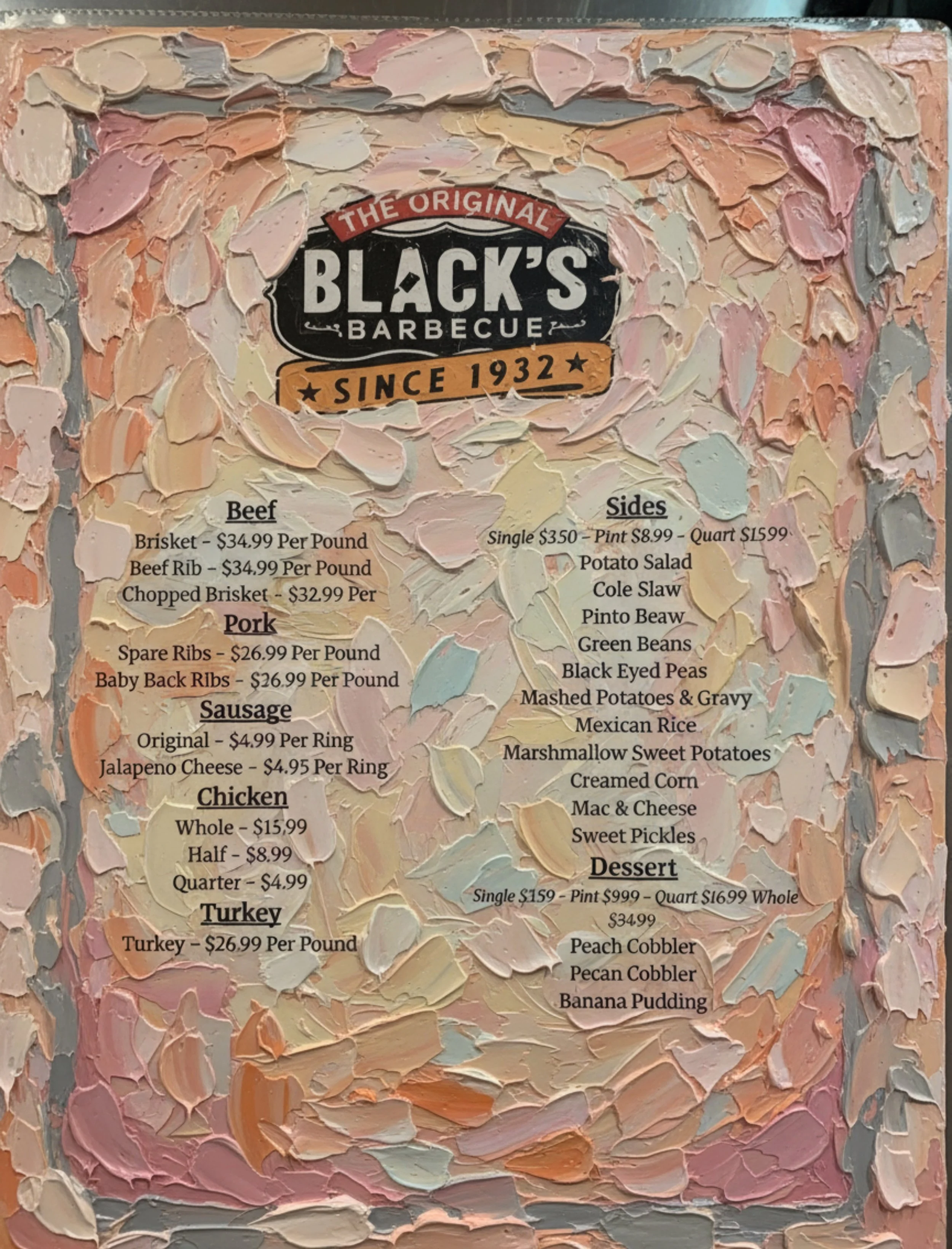 Part of a menu at Black's Barbecue featuring meat, sides, and dessert options, with a background of textured, layered paint strokes in pastel shades of pink, peach, cream, and gray.