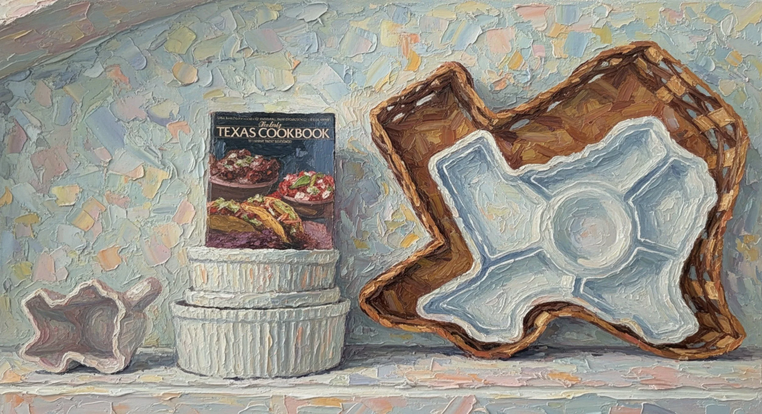 A still life painting featuring a Texas Cookbook, two wooden star cookie cutters, and a glass with a decorative pattern on a textured surface.