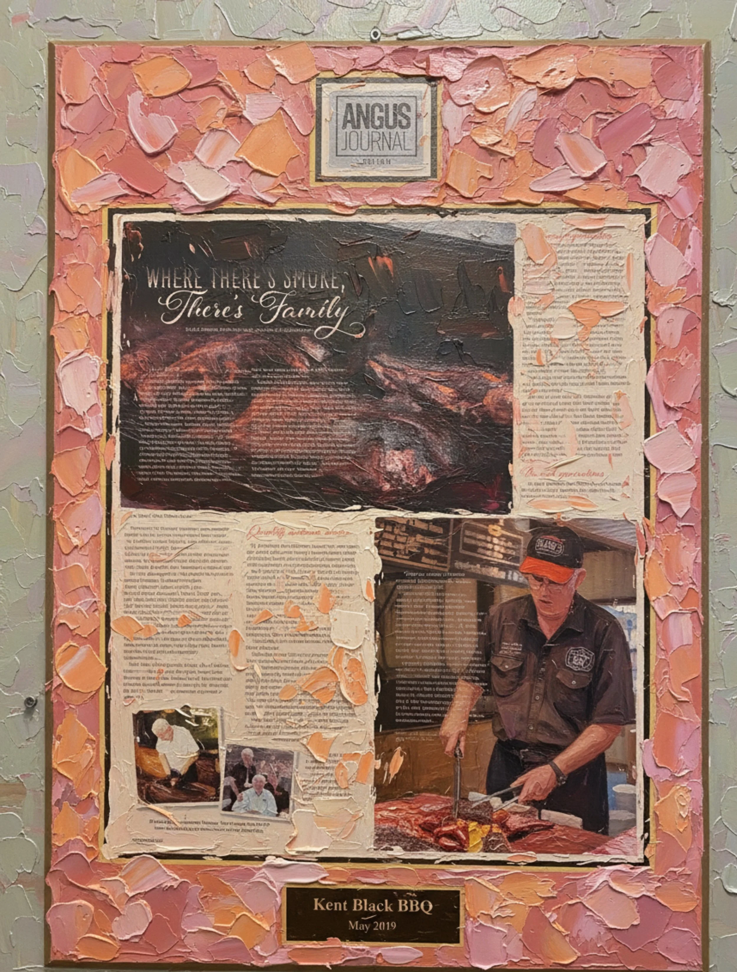 A decorative collage frame features torn paper, textured pinks and neutrals, with a central black menu board displaying small images and references to Kent Black BBQ from May 2019.