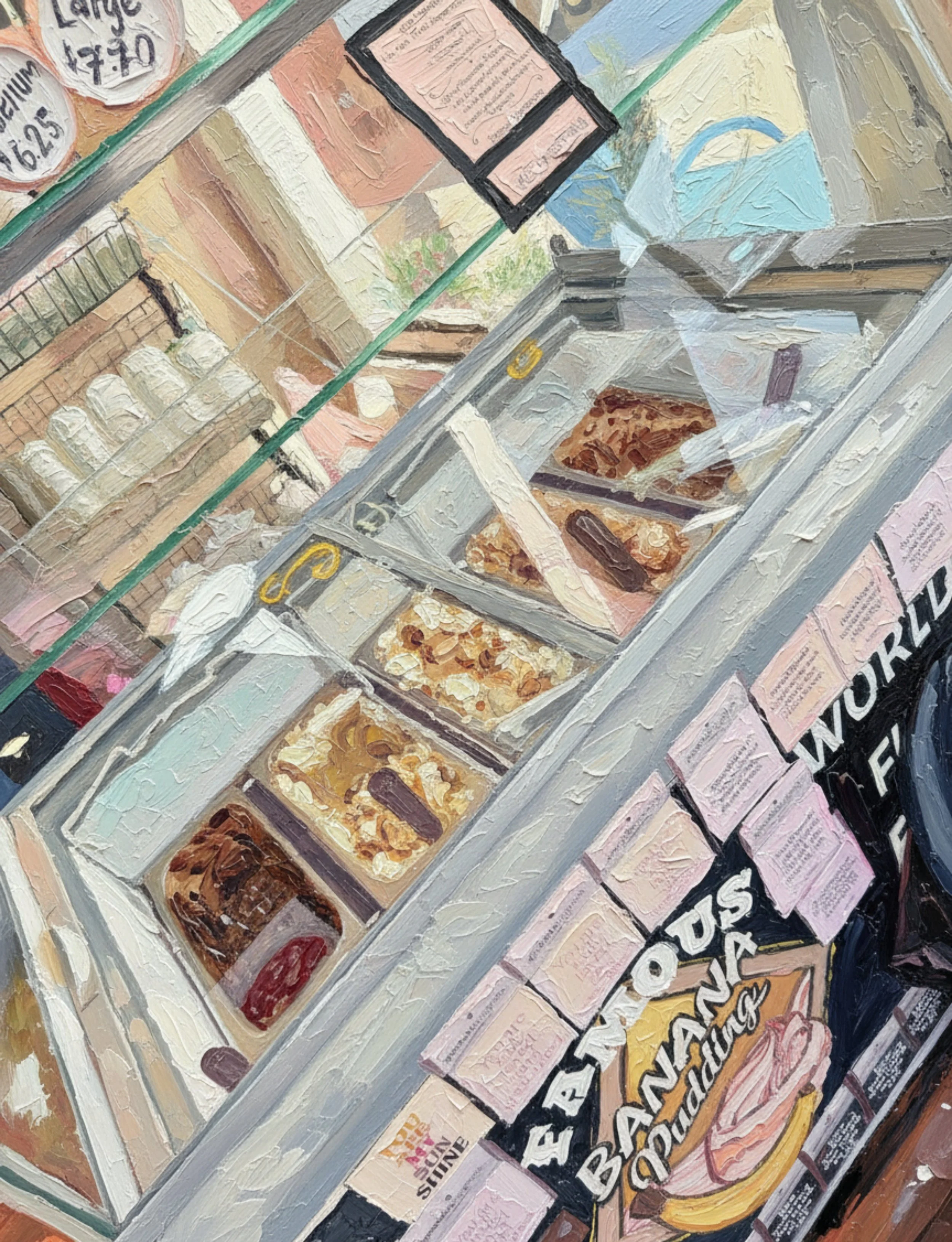 A display of various baked goods including various types of cookies like chocolate chip, organized on glass shelves in a bakery or convenience store. The bakery is decorated with signs and posters.