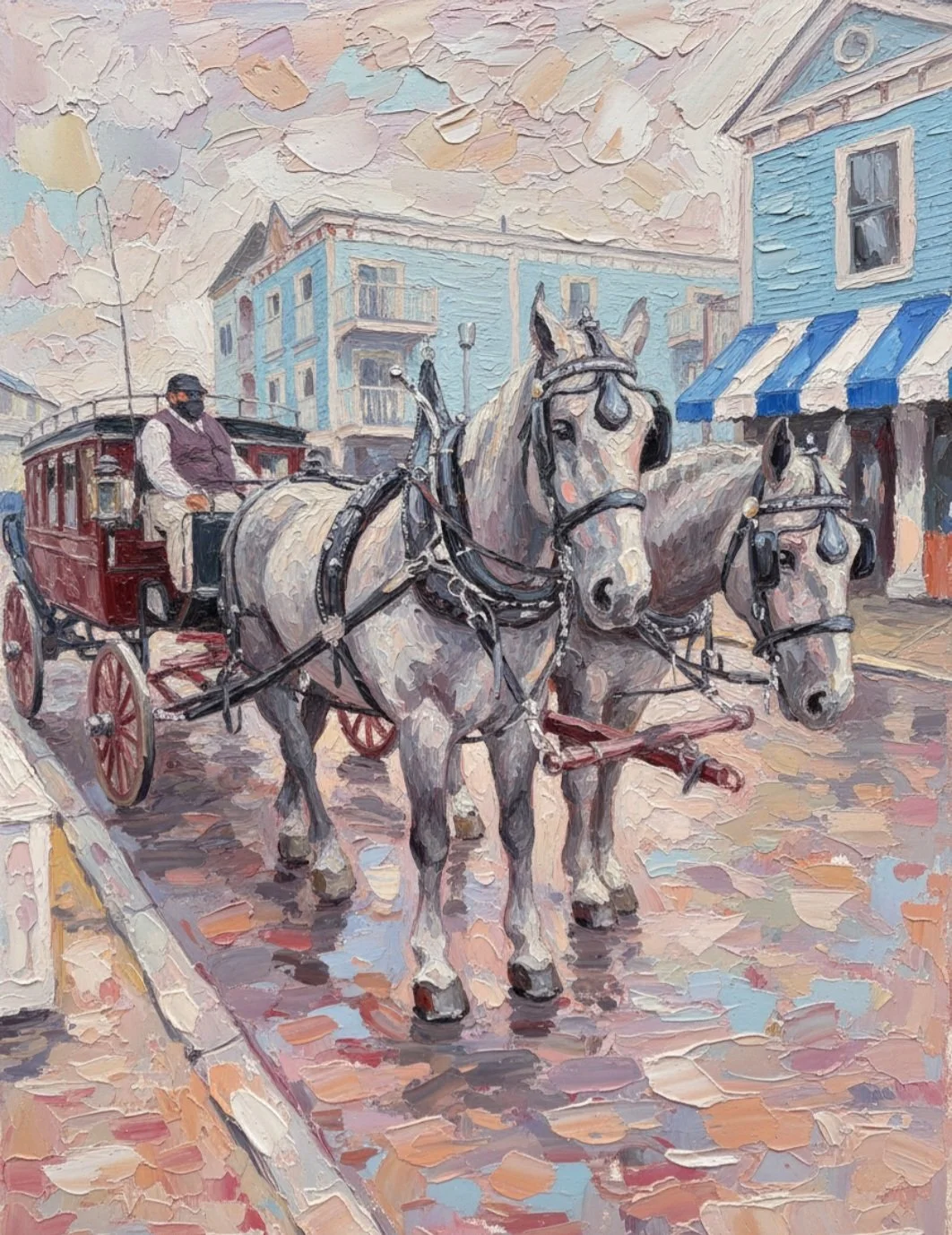 horse and carriage on mackinac island in oil painting style