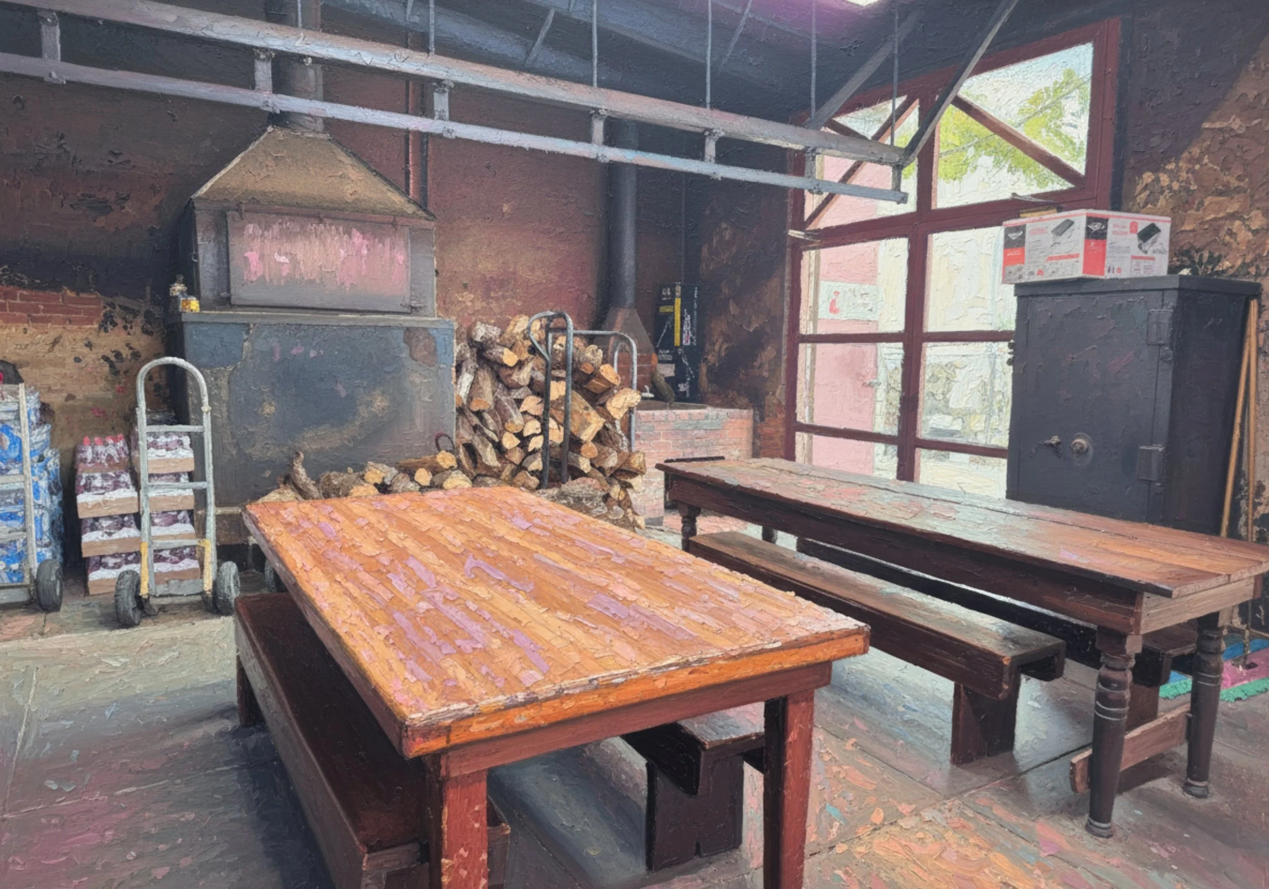 Interior view of a rustic meat processing room with wooden tables and benches, stacked firewood, a wood stove, a metal cart, and a meat rail.