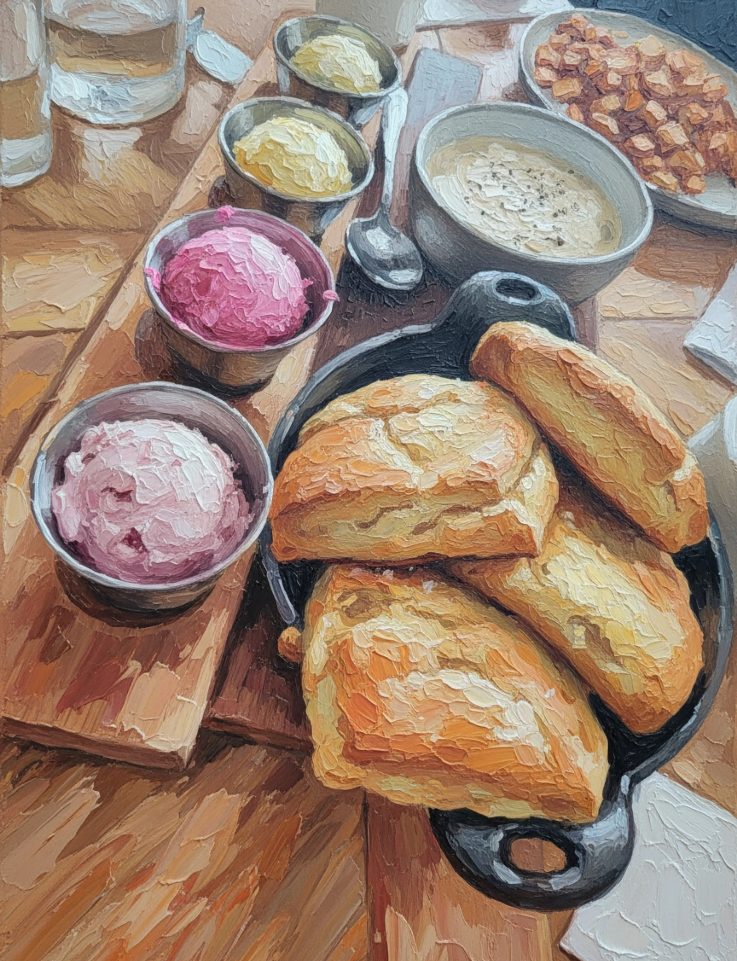 biscuits in cast iron with flight of butters