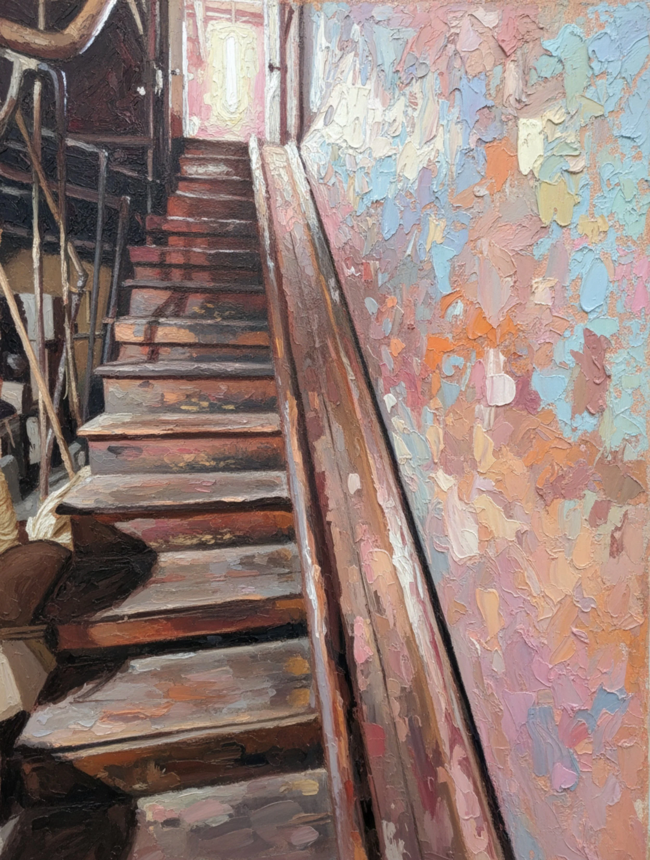 An oil painting of a staircase with a grocery chute in the basement of Smittys Market in Lockhart, TX.